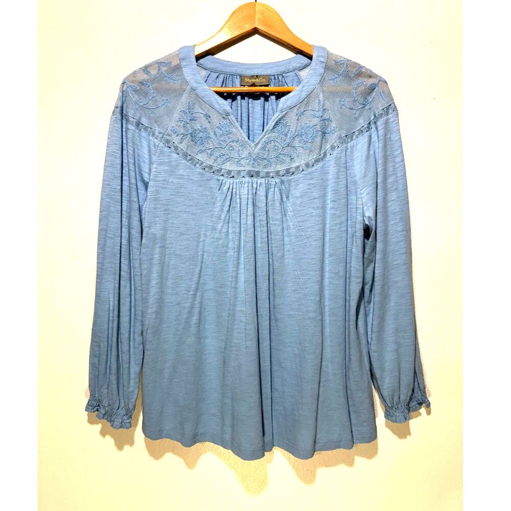 Style & Co bohemian t shirt peasant summer embroidered cotton modal blue women L